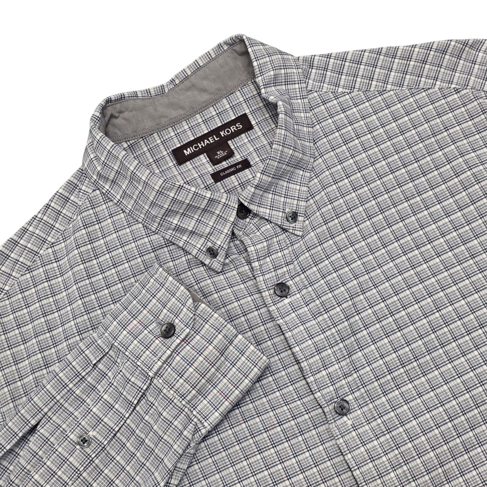 MICHAEL KORS Men's Classic Fit Plaid Button Down Shirt XL Gray Business Casual